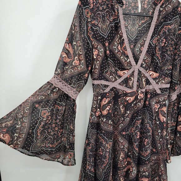 Free People Paisley Kimono Smocked Moonlight Bay Dress Mesh Belle Sleeve 2 Women - Picture 4 of 15